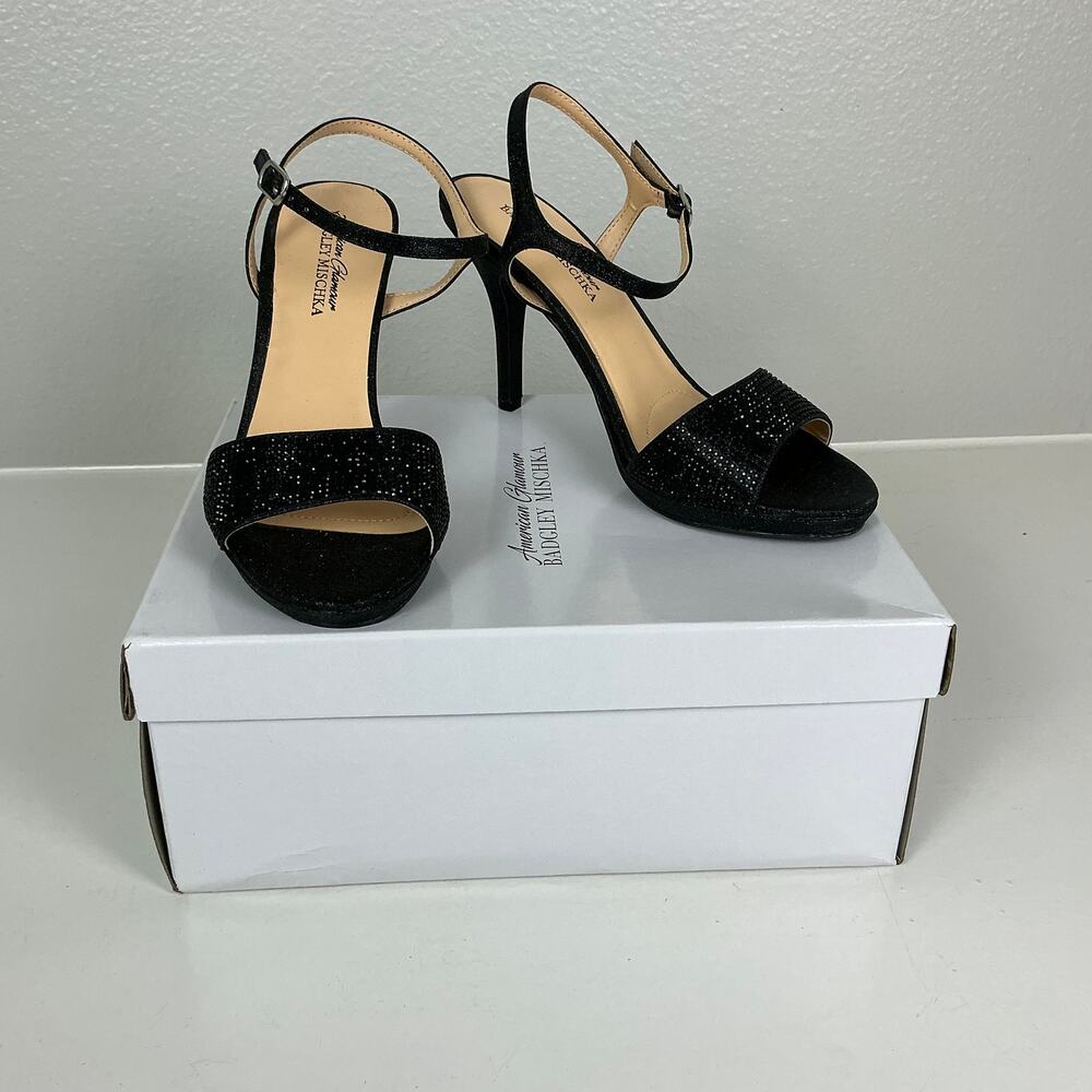 Badgley Mischka Yasmin Black High Heels Metallic Ankle Strap Shoes Size 8 - Picture 7 of 9